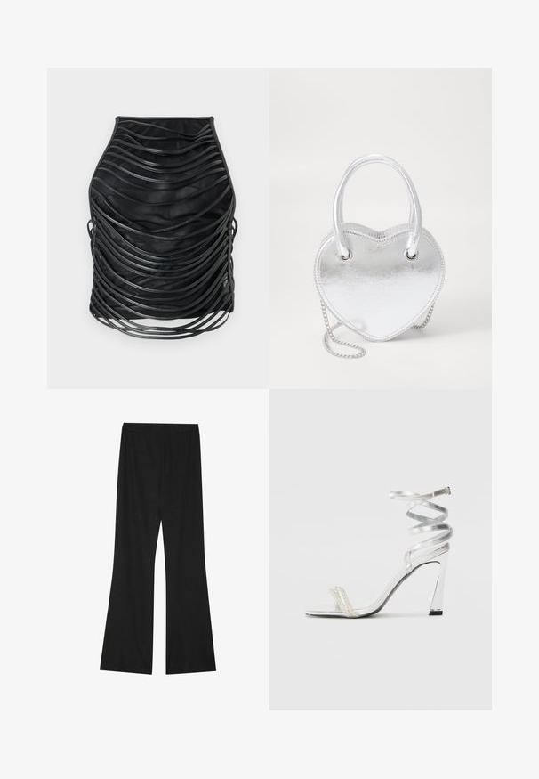 Fekete szoknya réteges kialakítással, párhuzamos textúrált csíkokkal, testhezálló szabással és sima felülettel. Különböző alkalmakra is alkalmas.; Fekete, haranglábú nadrág, mely textúrált anyagból készült, rugalmas derékkal és laza szabással rendelkezik, a kényelem és a mozgás szabadsága érdekében tervezve.; Ezüst színű, magas sarkú szandál, csillogó pánt dizájnnal, gyöngyszerű díszítéssel és spirális bokapánttal a biztos illeszkedés érdekében.; Ezüst fém szív alakú kézi táska dupla fogantyúval, láncos pánttal és sima felülettel. Fém hardverrel és varrott szélekkel rendelkezik.