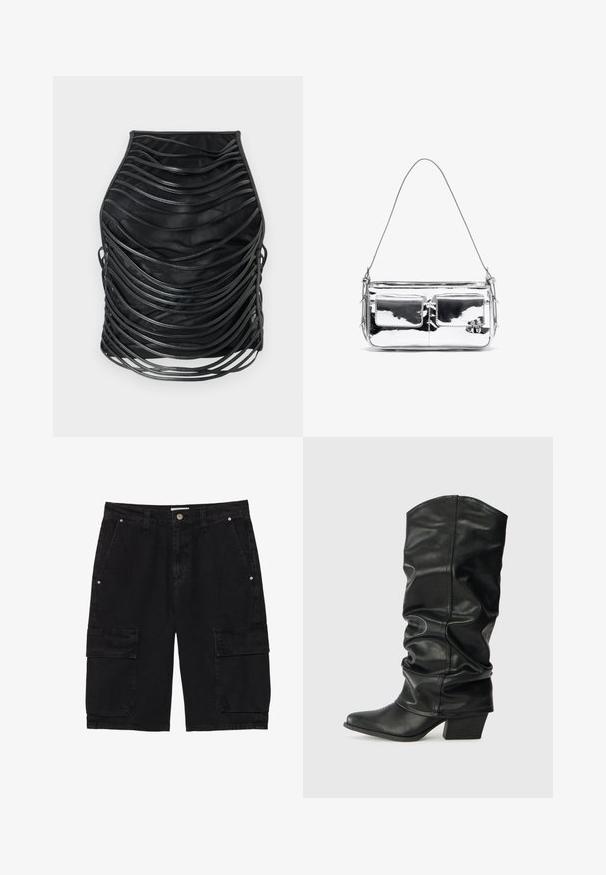 Fekete szoknya réteges kialakítással, párhuzamos textúrált csíkokkal, testhezálló szabással és sima felülettel. Különböző alkalmakra is alkalmas.; Fekete vászon cargo sort, amely denim anyagból készült, két oldalsó zsebe és két tépőzáras cargo zsebe van a lábán, gombos záródással és övhurkokkal.; Fekete bőr, térdig érő csizmák laza fazonban, hegyes orral és vastag sarokkal, sima textúrával és minimális varrással.; Ezüst fémből készült válltáska, két elülső zsebbel, sima textúrával, varrásos részletekkel és egyetlen levehető pánttal. Kompakt, téglalap alakú.