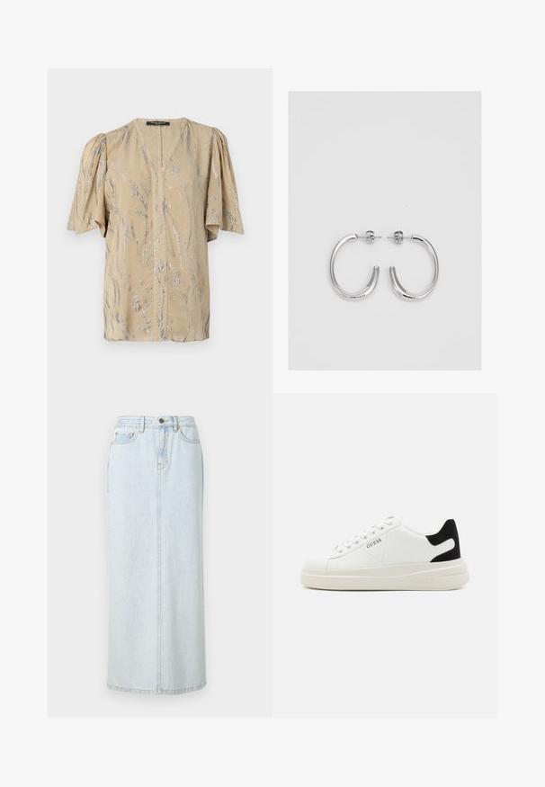 Világos bézs felső, rövid, puffos ujjal, V-kivágással, csillogó ezüst hullám mintázattal, könnyű anyagból készült.; Fénykék farmer maxi szoknya egyenes vonallal, elöl gombos záródással és látható varrásokkal. Két elülső zsebet tartalmaz.; Fehér bőr sportcipők vastag fehér talppal, fekete velúr sarokpikkelyel és dombornyomott logóval az oldalon. Fűzős kialakítás, hat fűzőlyukkal.; Ezüst karika fülbevalók sima, fényes felülettel. Lekerekített forma, könnyű kialakítással, tűs zárómechanizmussal.