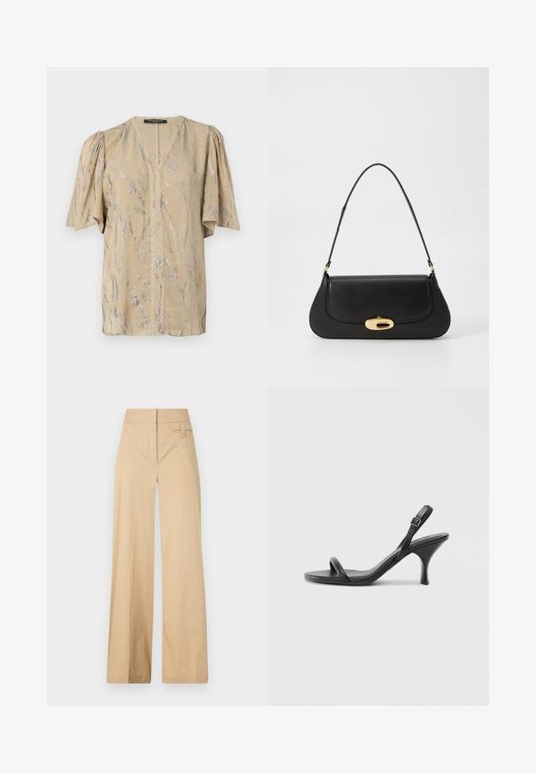 Top beige con mangas cortas abullonadas, con escote en V y un patrón ondulado plateado brillante, hecho de un material ligero.; Pantalones de pierna ancha beige fabricados en una mezcla de algodón. Presentan una textura suave, cinturilla elástica y un detalle de botón en el lateral.; Sandalias de tacón alto de cuero negro con un tacón delgado y curvado y un diseño de tiras cruzadas. Correa para el tobillo ajustable. Textura suave.; Bolso de mano de cuero negro con un diseño curvado, herrajes en tono dorado y un mango superior. Presenta un cierre elegante y una textura suave.