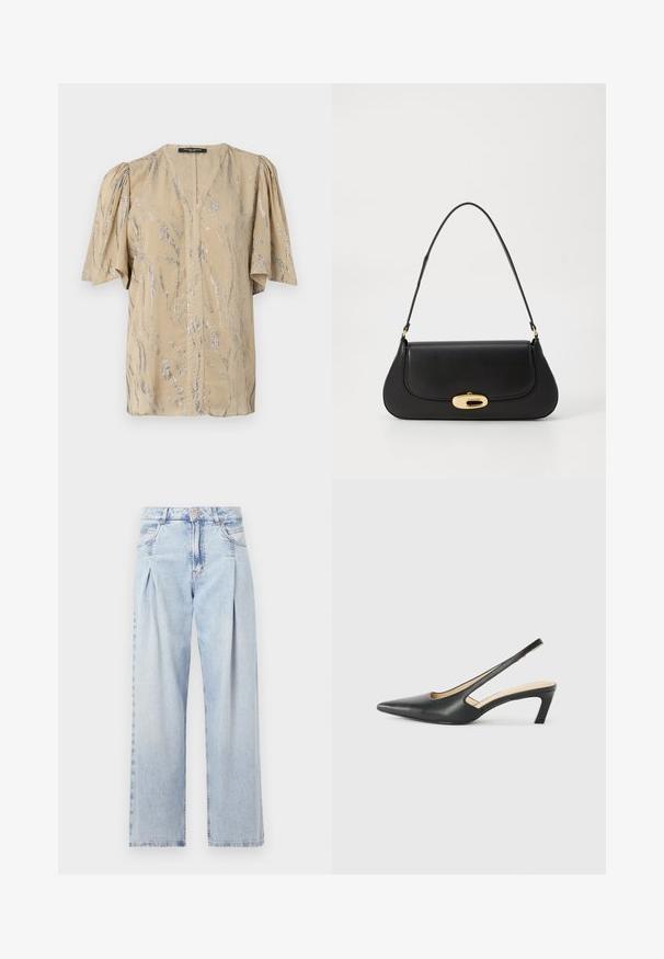Top bej cu mâneci scurte și umflate, având un decolteu în V și un model strălucitor de valuri argintii, fabricat dintr-un material ușor.; Jeans din denim albastru deschis cu talie înaltă, croială evazată, două buzunare laterale și un design pliat. Textură moale cu un finisaj decolorat.; Pantof cu toc mic, cu vârf ascuțit și slingback, realizat din piele netedă, având un design decupat pe lateral pentru respirabilitate.; Geantă de mână din piele neagră, cu un design curbat, accesorii de culoare aurie și un mâner de sus. Dispune de o închidere elegantă și o textură netedă.