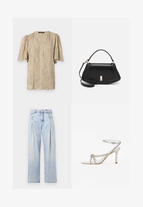 Top beige con maniche corte a sbuffo, caratterizzato da un colletto a V e un motivo a onda argentata luccicante su tutta la superficie, realizzato in materiale leggero.; Jeans in denim azzurro chiaro con vita alta, taglio a gamba larga, due tasche laterali e design plissettato. Texture morbida con una finitura sbiadita.; Sandal con tacco alto bianco con cinturino testurizzato e strass, design aperto sulla punta e cinturino alla caviglia con fibbia regolabile.; Borsa a mano in pelle nera con un design strutturato, caratterizzata da una forma corta, manico superiore e accessori in metallo dorato. Inclusa tracolla regolabile.
