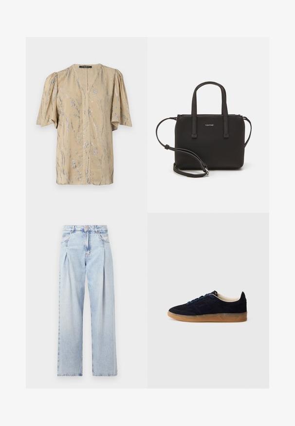 Beige toppi, jossa on lyhyet puffihihat, V-pääntie ja kimallteleva hopea aaltokuvio koko pinnalla, valmistettu keveästä materiaalista.; Vaaleansiniset farkut, joissa on korkea vyötärö, leveälahkeinen leikkaus, kaksi sivutaskua ja pleatattu muotoilu. Pehmeä rakenne, jossa on haalistunut viimeistely.; Laivastonsininen mokkanahkainen tennari, jossa on kuminahkainen pohja, siniset nauhat ja minimalistinen muotoilu. Sivussa on kohokuvioitu logo ja sisäpuolella sileä vuori.; Musta käsilaukku, jossa on kaksinkertaiset lyhyet kahvat ja irrotettava olkahihna. Silkkinen nahkatunneinen materiaali, jossa on vetoketjukiinnitys ja logoyksityiskohta.