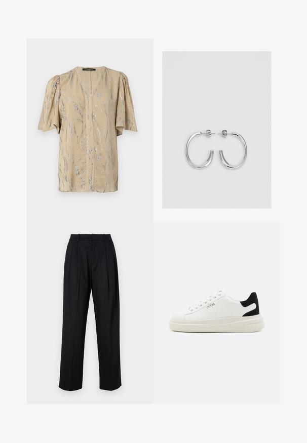 Beidzis topi ar īsām, puffētu piedurknēm, V veida kakla izgriezumu un mirdzošu sudraba viļņu rakstu visā virsmas platībā, izgatavots no viegla materiāla.; Melni bikses ar izsmalcinātu dizainu, kurām ir augsta josta, izgriezumi un taisnas kājas griezums. Izgatavotas no gludas auduma vienkrāsainā dizainā.; Baltas ādas sporta apavi ar biezu balto zoli, melna zamša uzpura un izspiestais logotips sānos. Šņorējuma dizains ar sešiem acu caurumiem.; Sudraba riņķveida auskari ar gludu, spīdīgu apdari. Apaļas formas, viegla dizaina, ar aizdari uz stieples.