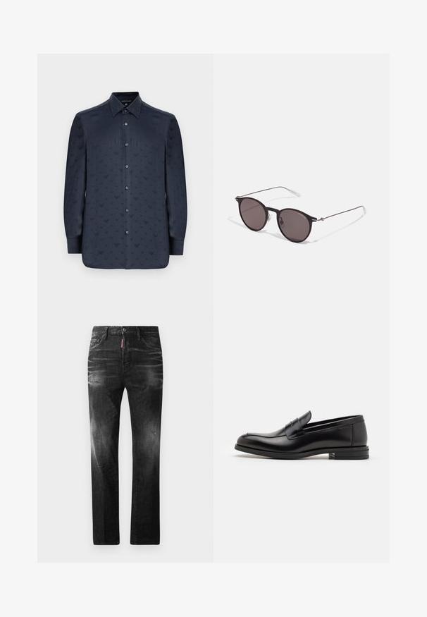 Camisa azul marinho de botões, com mangas longas, apresentando um padrão texturizado de pequenas formas em V por toda a peça, feita de um tecido suave.; Jeans de denim preto com um corte reto. Apresentam áreas desbotadas, ligeira degradação, design clássico de cinco bolsos e um fecho de botão.; Mocassins de couro preto com uma textura suave, bico arredondado e uma faixa decorativa sobre o peito do pé. Salto baixo e empilhado, design minimalista.; Óculos de sol redondos pretos com lentes escuras e hastes metálicas finas. Inclui pontas de templo transparentes e detalhes em prata na dobradiça. Design minimalista.