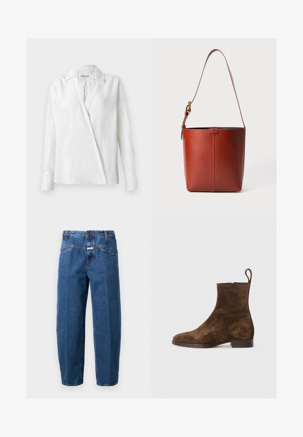 Λευκό πουκάμισο με μακριά μανίκια από απαλό ύφασμα, με κολλέ και διαγώνια μπροστινή κλείσιμο, σε ελαφρώς χαλαρή εφαρμογή.; Τζιν παντελόνι σε σκούρο μπλε χρώμα, με άνετη εφαρμογή, πέντε τσέπες, ραμμένες ραφές και κουμπί κλεισίματος στη μέση.; Καφέ σουέτ μποτάκια αστραγάλου με λεία υφή, στρογγυλή μύτη και μικρό τακούνι. Διαθέτουν πίσω λωρίδα για εύκολη εφαρμογή.; Καφέ δερμάτινη τσάντα της μορφής κουβά με ρυθμιζόμενο λουρί ώμου και χρυσό τόνο στο κούμπωμα, απλή κατακόρυφη ραφή μπροστά.