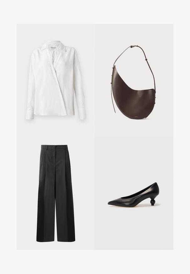 Balta ilgomis rankovėmis marškiniai iš lygaus audinio, turintys apykaklę ir diagonalią priekio uždarymo sistemą, su šiek tiek laisvu siluetu.; Juodos plačios kelnės su aukštu liemeniu, su priekinėmis raukšlėmis, glotnia tekstūra ir pritaikytu apdailos stiliumi. Sukurtos laisvam sėdėjimui.; Juoda odinė aukštakulnė bateliai su smailiu pirštu ir apvaliu, iškiliu kulnu. Lygus paviršius su elegantišku, minimalistiniu dizainu.; Ruda odinė rankinė, turinti kreivą formą, vieną diržą ir minimalistinį dizainą. Sukurta su subtiliu logotipu ir auksiniais detalėmis.