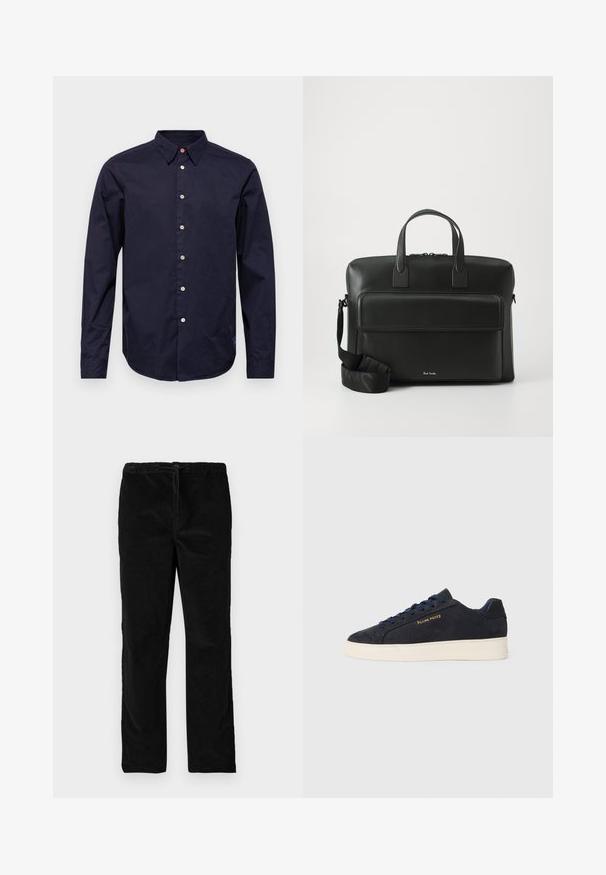 PS Paul Smith TAILORED FIT SHIRT - Skjorter - dark blue; Sorte lige ben i velour med elastisk talje og forreste snor, præsenteret mod en simpel hvid baggrund.; Mørkeblå ruskinds lavtop sneaker med hvid sål, mørkeblå snørebånd og "Filling Pieces" logo i guld på siden.; Sort læder arbejdstaske med dobbelte top-håndtag, en lomme foran og en aftagelig rem, der har subtil branding i bunden.