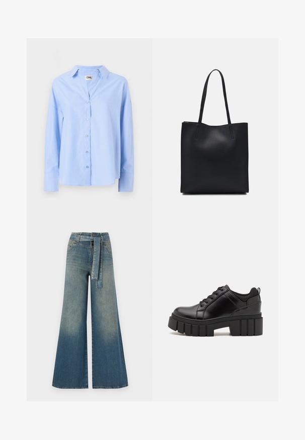 Gaiši zils krekls ar pogām, izgatavots no gludas auduma, ar apkakli, garām piedurknēm un brīvu piegriezumu, ar sešām pogām priekšpusē.; Platām kājām džinsu bikses ar gaismas līdz tumši zilam gradientam, augstu jostas līniju, jostas cilpām un atbilstošu auduma jostu. Tekstūrēts džinsas apdare.; Melnas ādas platformas kurpes ar masīvu bloku papēdi, apaļu purngalu un tradicionālu saistīšanas dizainu. Izceļas ar gludu tekstūru un minimālu apdari.; Melnas ādas somiņa ar gludu tekstūru, taisnstūra formu un divām garām rokturiem. Nav redzamu aparatūras vai rotājumu.