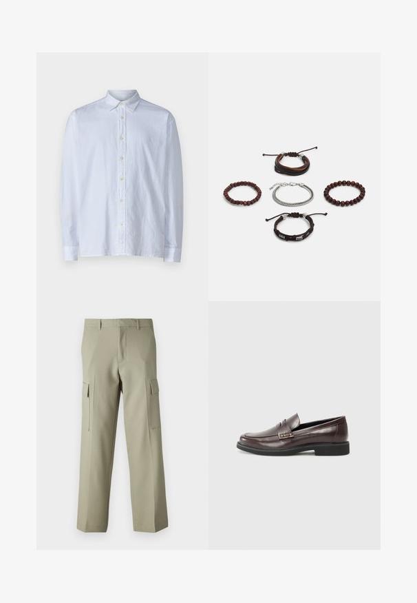 Fehér gombos ing, könnyű anyagból készült, hegyes gallérral, hosszú ujjal és sárga gombokból álló sorral elöl.; Világos zöld cargo nadrág, egyenes szárú dizájnnal, oldalsó zsebekkel és sima szövettextúrával. Hátulról látható.; Barna bőr loaferek sima felülettel, finoman varrott részletekkel a felső részen és fekete gumitalppal.; Öt darabból álló karkötőszett, barna bőrből, fa gyöngyökkel és ezüst lánccal; különböző textúrákkal és formákkal, állítható zárással.