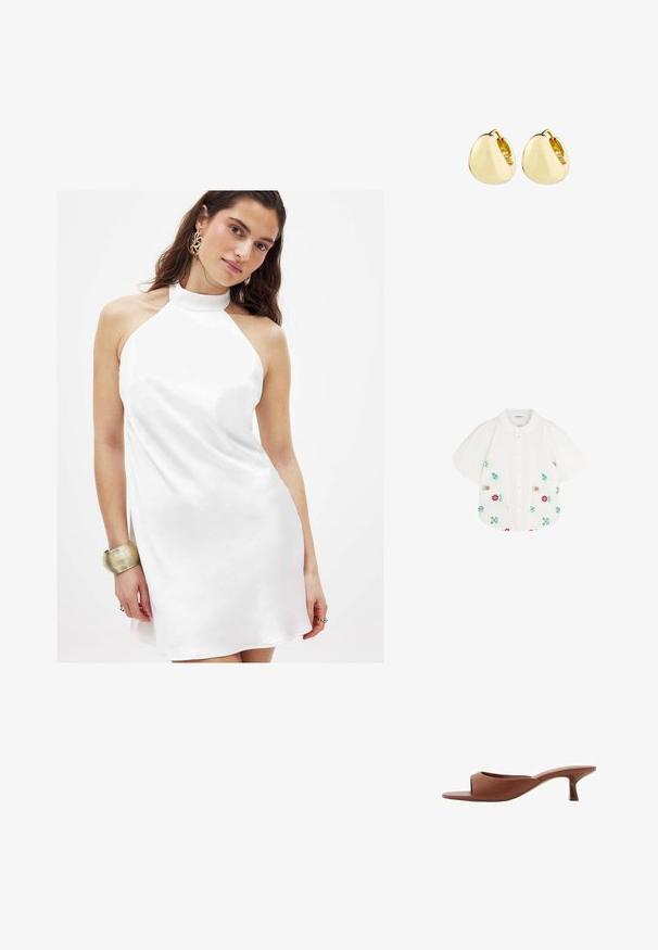 Biała bluzka z krótkim rękawem i bufkami na ramionach, z kolorowym haftem kwiatowym w odcieniach czerwieni, zieleni, niebieskiego i różowego. Zapięcie na guziki z przodu.; Biała sukienka na szyi wykonana z gładkiego materiału, z lekko rozszerzanym krojem i wysokim dekoltem, podkreślona metalową bransoletką.; Brązowe klapki na obcasie z odsłoniętymi palcami, o gładkim, matowym wykończeniu, z zakrzywionym kształtem i przezroczystym, zwężającym się obcasem.; Złote kolczyki w kształcie kół z gładkim, zaokrąglonym wzorem; wypolerowana powierzchnia i otwarte zapięcie, z delikatnym szwem do zamykania.