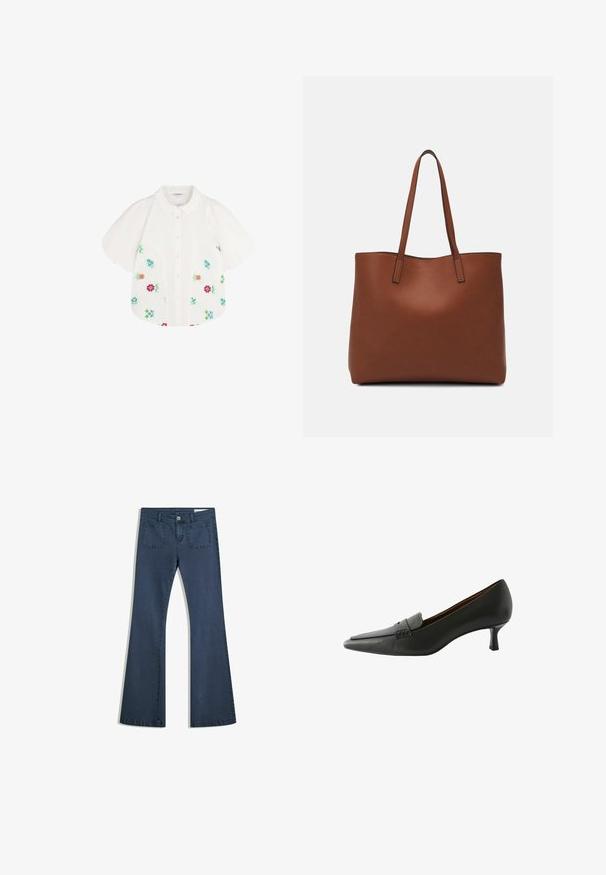 Biała bluzka z krótkim rękawem i bufkami na ramionach, z kolorowym haftem kwiatowym w odcieniach czerwieni, zieleni, niebieskiego i różowego. Zapięcie na guziki z przodu.; Ciemnoniebieskie dżinsy typu dzwony z przeszytymi kieszeniami, zapięciem na guzik i gładką fakturą. Posiadają klasyczny pięciokieszeniowy fason.; Czarne skórzane buty na obcasie z wąskim noskiem i dekoracyjnym paskiem. Posiadają niski obcas szpilkowy i gładką fakturę.; Brązowa skórzana torba tote o gładkiej fakturze, z otwartym wierzchem i dwoma ramiączkami. Charakteryzuje się minimalnym przeszyciem i brakiem widocznych elementów metalowych.