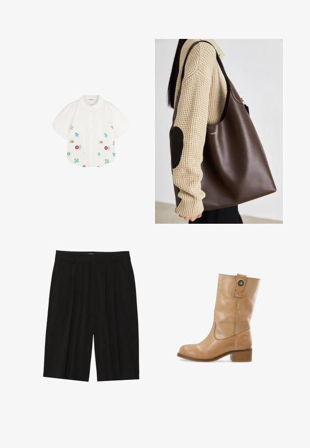Witte blouse met korte mouwen en opgeblazen schouders, voorzien van kleurrijke bloemenborduursels in rood, groen, blauw en roze. Met knoopsluiting aan de voorkant.; Zwarte geplooide shorts van een gladde stof, met zijzakken en een rechte snit, met een lengte tot halverwege de dij.; Tan leren enkellaarzen met een ronde neus, lage gestapelde hak, zijnaad en een drukknopdetail op de schacht. Glad textuur.; Bruine leren tote bag met een ruime indeling. Kenmerkt zich door een gladde textuur en een subtiele gouden logo. Gekoeld met een crèmekleurige gebreide trui.