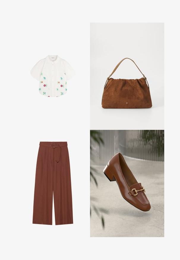 Witte blouse met korte mouwen en opgeblazen schouders, voorzien van kleurrijke bloemenborduursels in rood, groen, blauw en roze. Met knoopsluiting aan de voorkant.; Brunnen wijduitlopende broeken van stof, met een riem met een vierkante gesp, geplooid ontwerp en een gladde textuur.; Bruine lakleren loafer met vierkante neus, metallic kettingaccent en lage blokhak; gladde textuur, minimalistisch ontwerp.; Bruine suède handtas met een geplooid ontwerp, voorzien van een enkele tan kleur leren schouderband en een subtiele gouden logo-detail aan de voorkant.