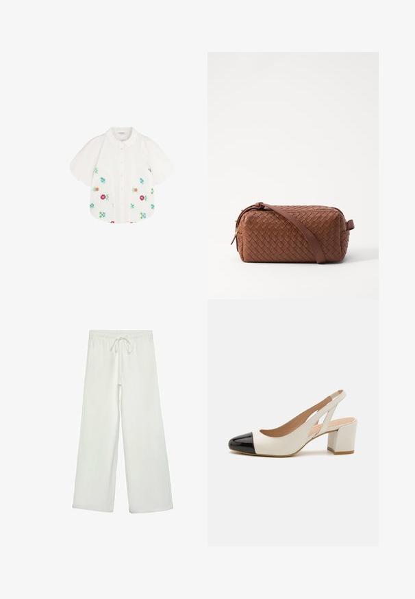 Blusa bianca a maniche corte con spalle a sbuffo, caratterizzata da ricami floreali colorati in rosso, verde, blu e rosa. Chiusura con bottoni frontale.; Pantaloni bianchi a gamba larga realizzati in un tessuto morbido. Presentano un elastico in vita con cordino e una consistenza liscia. Senza motivi visibili o accessori.; Scarpa slingback bianca in pelle con punta nera in pelle verniciata. Presenta un tacco a blocco e un design con ritagli sui lati.; Borsa in pelle intrecciata marrone con forma rettangolare, texture liscia, chiusura zip e tracolla. Presenta una maniglia laterale e dettagli dorati.; Orologio da polso rettangolare dorato con design minimalista, caratterizzato da un quadrante crema, lancette dorate e un bracciale a maglie metalliche. Le indicazioni includono il nome del marchio.