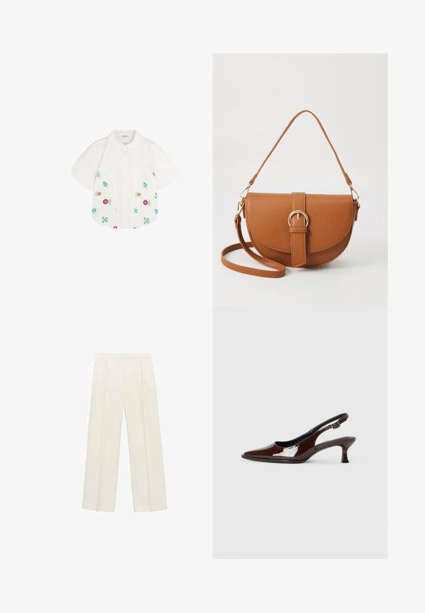 Bluză albă cu mânecă scurtă și umeri bufanți, cu broderie florală colorată în nuanțe de roșu, verde, albastru și roz. Se închide cu nasturi în față.; Pantaloni cu picioare largi, de culoare crem deschis. Realizați dintr-un material neted, cu plisuri în față și buzunare laterale.; Pantofii slingback din piele patent maro, cu vârful ascuțit și un toc moderat. Prezintă o curea cu prindere pentru o potrivire sigură. Textură netedă.; Geantă din piele maro, tip crossbody, cu o formă curbată, accesorii aurii și un accent cu cataramă. Dispune de un curea de umăr detașabilă.