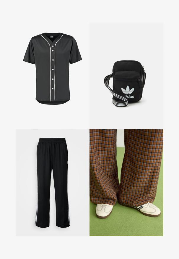 Must musta särk, millel on lühikesed varrukad, valmistatud siledast kangast. Omab valgeid nööpe ja kontrastselt valget äärestust esiküljel ja krael.; Mustad mustad spordipüksid elastse vöökohaga, millel on valged küljeread ja väike logo. Materjal tundub pehme ja kerge.; Pruunide ja siniste ruuduliste laiad püksid, mille juurde on kombineeritud valged kingad mustade aktsentidega ja tekstuursete taldadega, roheline taust.; Mustmust värvi risti koti, millel on tõmblukuga sulgemine, valge Adidas'i logo ja triibuline reguleeritav rihm mugavaks kandmiseks.