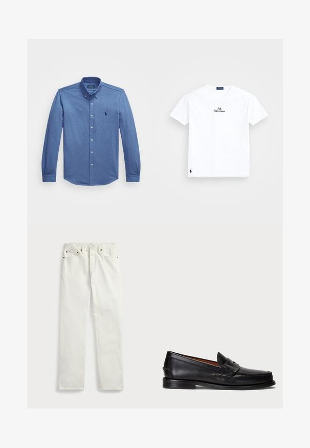 Niebieska, długozasuwana koszula z guzikiem wykonana z mieszanki bawełny. Posiada kołnierz w szpic, pięć guzików z przodu oraz małe haftowane logo na klatce piersiowej.; Biała bawełniana koszulka z okrągłym dekoltem, krótkimi rękawami, czarnym haftowanym logo "Polo Ralph Lauren" na klatce piersiowej i małym czarnym logo na dolnym brzegu.; Białe dżinsy z prostym krojem, posiadające pięć kieszeni, metalowe guziki i akcenty w postaci przeszyć wzdłuż szwów. Gładka tekstura.; Czarne skórzane mokasyny z okrągłym czubkiem, przeszyciami na detalach oraz ozdobnym paskiem z przodu. Płaska podeszwa o minimalistycznym profilu.