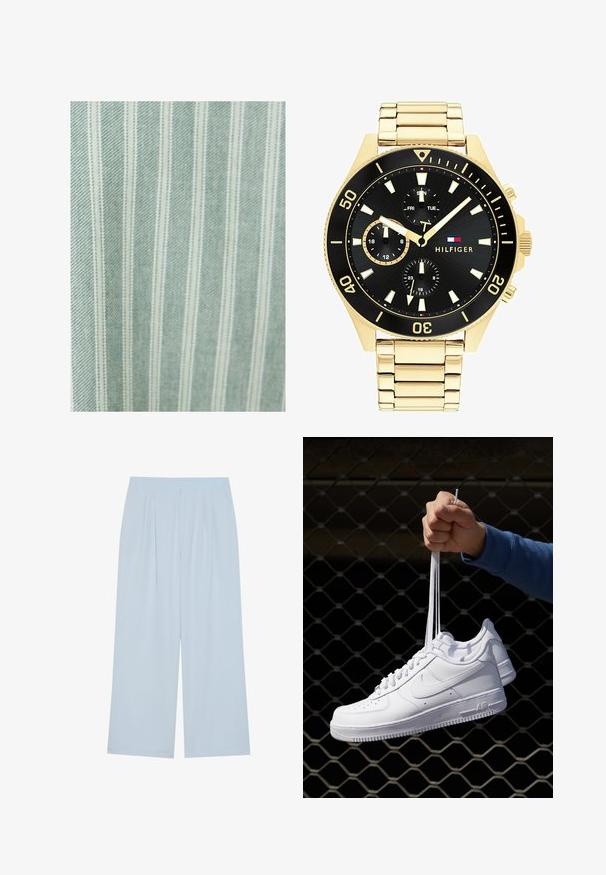 Jasnozielony materiał z cienkimi białymi pionowymi paskami. Posiada gładką teksturę i subtelny połysk, odpowiedni do różnych zastosowań tekstylnych.; Biały bawełniany top na ramiączkach z okrągłym dekoltem, szerokimi ramiączkami i prostym dołem, charakteryzujący się gładką teksturą i brakiem widocznych wzorów.; Jasnoniebieskie spodnie o szerokich nogawkach, wykonane z gładkiego materiału, z przodu z zakładkami i elastycznym pasem dla wygody.; Białe skórzane sneakersy z perforacjami, okrągłym noskiem, płaską podeszwą i grubymi sznurówkami, z widocznym logo swoosh i napisem „AIR” na pięcie.; Złototona metalowa zegarek z czarną tarczą, luminescencyjnymi znacznikami i trzema sub-tarczami. Posiada teksturowany pasek oraz logo "HILFIGER" na środku.; Złote kolczyki w kształcie krzyża z gładkim wykończeniem i zawieszką, charakteryzujące się prostym, wydłużonym wzorem. Każdy krzyż jest jednorodny pod względem rozmiaru.