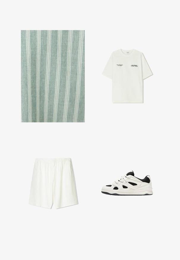 Hellgrüner Stoff mit dünnen weißen vertikalen Streifen. Zeigt eine glatte Textur und einen subtilen Glanz, geeignet für verschiedene textile Anwendungen.; Weißes Baumwoll-T-Shirt mit kurzen Ärmeln. Auf der Vorderseite befindet sich schwarzer Text: „NICHT MORGEN NICHT HEUTE“ und „DIE KUNST DES DIRT MOVING“ in grüner Schrift.; Helle beige Shorts mit einem elastischen Bund, zwei Seitentaschen und einem geraden Bein. Hergestellt aus einem weichen, atmungsaktiven Stoff.; Weiß-schwarze Sportschuhe mit einer strukturierten Sohle, die auf der Seite ausgeschnittene Designs und Schnürsenkel aufweisen, sowie eine gepolsterte Ferse für Unterstützung.
