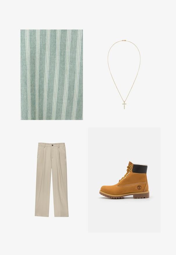 Lys grøn stof med tynde hvide lodrette striber. Har en glat tekstur og en subtil glans, velegnet til forskellige tekstilapplikationer.; Beige bukser med lige snit, der har en enkelt sort knap, bæltestropper og sidelommer. Glat stoftekstur og minimalistisk design.; Brune læder ankelstøvle med metaløjer, hvid pelsforing, sort polstret krave, robust sål og præget logo på siden.; Guldfarvet kædede halskæde med et simpelt korsanhæng, der har funklende dekorative sten. Kæden er slank og tynd i tekstur.