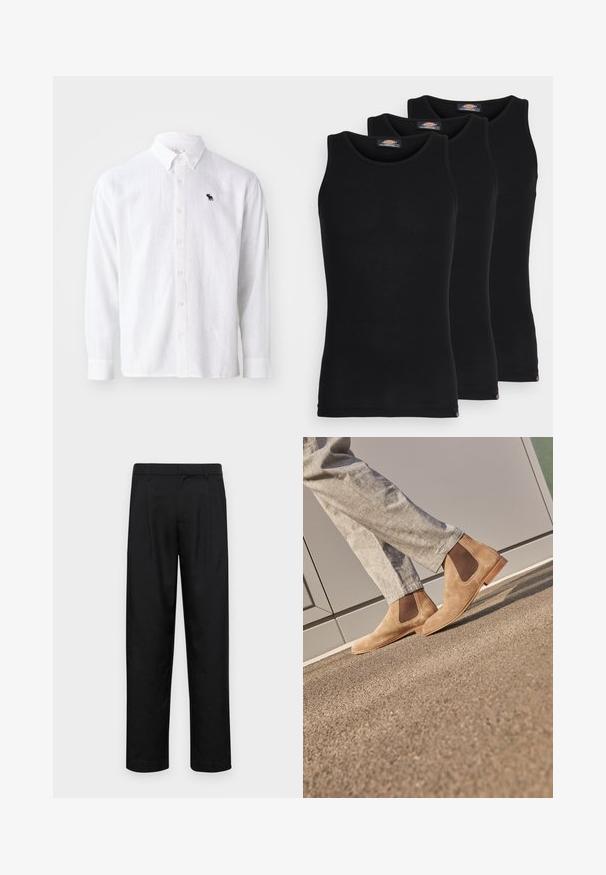 Balta lina krekla ar garām piedurknēm un pogājamu apkakli, ar mazu tumši zilu logotipu. Mīksta faktūra un brīva piegriezuma, ar pogu aizdari.; Melni bezpiedkakla topi trīs komplektā. Ribota tekstūra, standarta apaļā izgriezumā, bez piedurknēm. Apakšmalā ir neliela zīmola logo.; Melnas bikses, izgatavotas no gludas auduma, ar taisnu kāju dizainu, divām priekšējām krokām un standarta jostu, kurai ir āķi.; Brūni zamšādi Čelsija zābaki ar elastīgiem sānu paneļiem un gludu gaiši brūnu gumijas zoli, saskaņoti ar gaiši pelēkiem biksēm uz teksturētas virsmas.