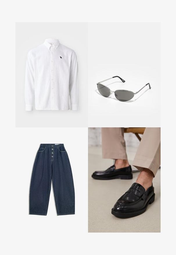 Camicia bianca in lino a maniche lunghe con colletto button-down, caratterizzata da un piccolo logo blu navy. Tessuto morbido e vestibilità rilassata con chiusure a bottoni.; Pantaloni larghi in denim blu scuro con vita alta, chiusura a cinque bottoni e cinque tasche. Presentano accenti di cucitura sulle cuciture.; Mocassini in pelle nera con finitura liscia, dotati di una cintura decorativa e cuciture a contrasto, abbinati a pantaloni beige.; Occhiali da sole con una struttura elegante in metallo argentato, lenti grigio scuro e un design aerodinamico caratterizzato da bordi appuntiti e aste sottili.
