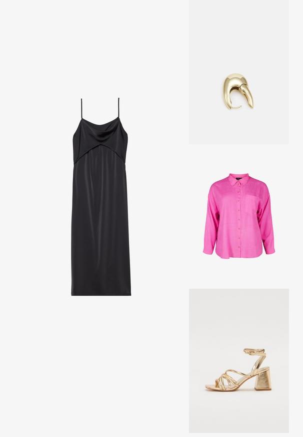 Svijetlo roze košulja dugih rukava od lagane tkanine. Ima dugmad naprijed i jedan džep na grudima. Opušteni kroj.; Crna satenska haljina na bretele sa tankim trakama, drapiranim dekolteom i ravnim siluetom. Glatka tekstura i minimalistički dizajn.; Zlatne metalik sandale s potpeticom koje imaju dizajn s trakama, kvadratnu blok potpeticu i podesivu naramenicu s kopčom. Glatka tekstura.; Crna kožna torba s lukovitim oblikom, odvojivim remenom i zlatnim detaljima. Torba ima preklop s kopčom.; Zlatne metalne naušnice s elegantnim, zakrivljenim dizajnom. Imaju karakterističan šiljast oblik, poliranu površinu i zatvaranje na šarku.