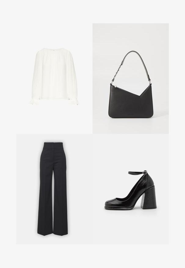White blouse made of lightweight fabric, featuring long pleated sleeves and gathered neckline. Cuffs have a ruffled design for added detail.; Wide-leg trousers in black fabric with a high waistband, featuring a clean finish and smooth texture. No visible hardware or patterns.; HUGO KIORA - High heels - black; Black leather handbag with a triangular shape, a slim strap, and silver hardware. Features a zip closure and embossed logo on the front.