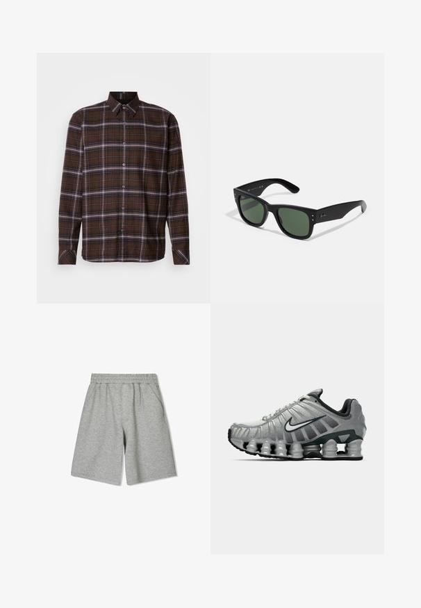 Brązowa koszula w kratę z długim rękawem, zapinana na guziki, z białymi i czarnymi paskami, z wyostrzonym kołnierzykiem i guzikami przy mankietach na neutralnym tle.; Biały bawełniany top na ramiączkach z okrągłym dekoltem, szerokimi ramiączkami i prostym dołem, charakteryzujący się gładką teksturą i brakiem widocznych wzorów.; Szare bawełniane szorty z elastycznym pasem, posiadające boczne kieszenie i luźny krój. Gładka tekstura i długość do kolan.; Szare i czarne buty biegowe Nike z widocznym, sprężystym tłumieniem pod podeszwą oraz białym logo swoosh po boku.; Czarne prostokątne okulary przeciwsłoneczne z zielonymi soczewkami, matowe wykończenie, subtelne akcenty metalowe i wytłoczone logo na zauszniku.