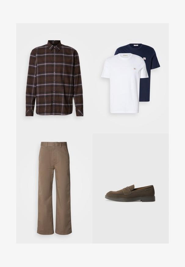 Brązowa koszula w kratę z długim rękawem, zapinana na guziki, z białymi i czarnymi paskami, z wyostrzonym kołnierzykiem i guzikami przy mankietach na neutralnym tle.; Pakiet bawełnianych koszulek w kolorze białym i granatowym. Każda ma okrągły dekolt, krótkie rękawy oraz małą naszywkę z logo na piersi.; Beżowe spodnie z szerokimi nogawkami, wykonane z miękkiej mieszanki bawełny, z zapięciem na guzik, paskiem na pasek i bez widocznych wzorów. Gładka tekstura.; Brązowe zamszowe mokasyny z okrągłym noskiem, paskiem na wierzchu i płaską gumową podeszwą. Prosty design z czystymi liniami i minimalnym wykończeniem.