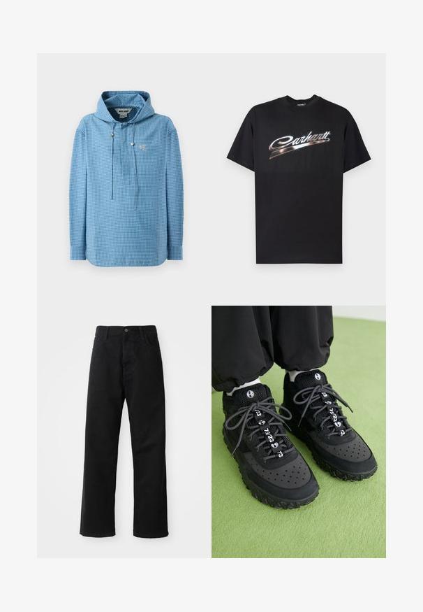 Ljusblå hoodie med rutmönster, utrustad med snörning, långa ärmar och en liten logotyp på bröstet.; Svart bomulls-t-shirt med en glänsande "Carhartt"-logga i stiliserade silverbokstäver över bröstet, korta ärmar och rund halsringning.; Svarta denimbyxor med rak passform, försedda med framfickor, dragkedja och en enda knapp i midjan. Strukturerad tyg med matt yta.; Svarta sneakers har en blandning av läder och mesh-material, en texturerad gummisula, framträdande perforeringar och mönstrade snörningar med numeriska detaljer.