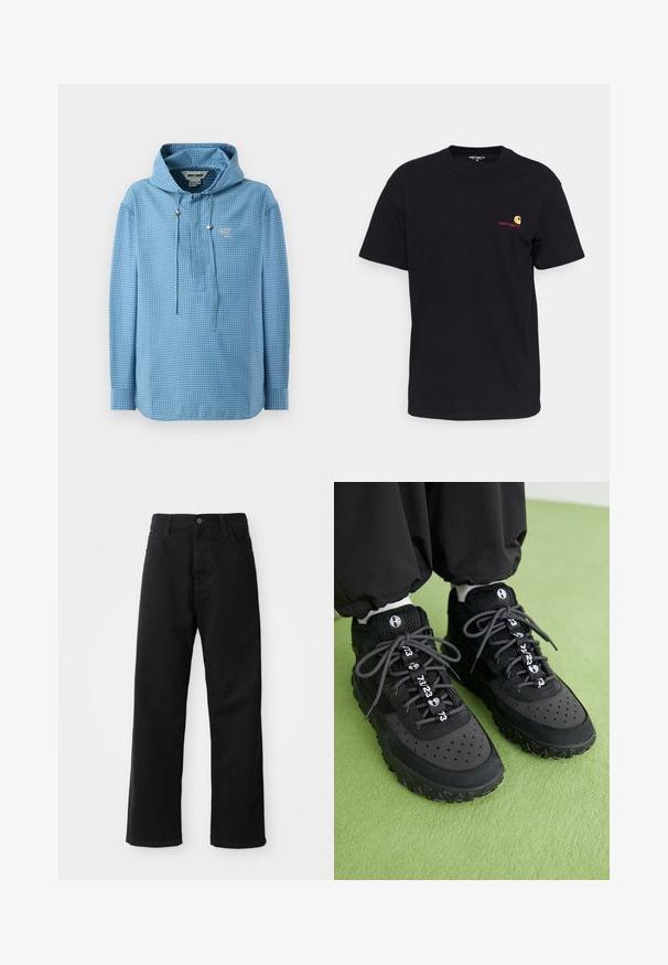 Ljusblå hoodie med rutmönster, utrustad med snörning, långa ärmar och en liten logotyp på bröstet.; Svart bomullströja med korta ärmar, rund hals och liten färgglad logotyp på vänster bröst. Klassisk passform med en mjuk textur.; Svarta denimbyxor med rak passform, försedda med framfickor, dragkedja och en enda knapp i midjan. Strukturerad tyg med matt yta.; Svarta sneakers har en blandning av läder och mesh-material, en texturerad gummisula, framträdande perforeringar och mönstrade snörningar med numeriska detaljer.