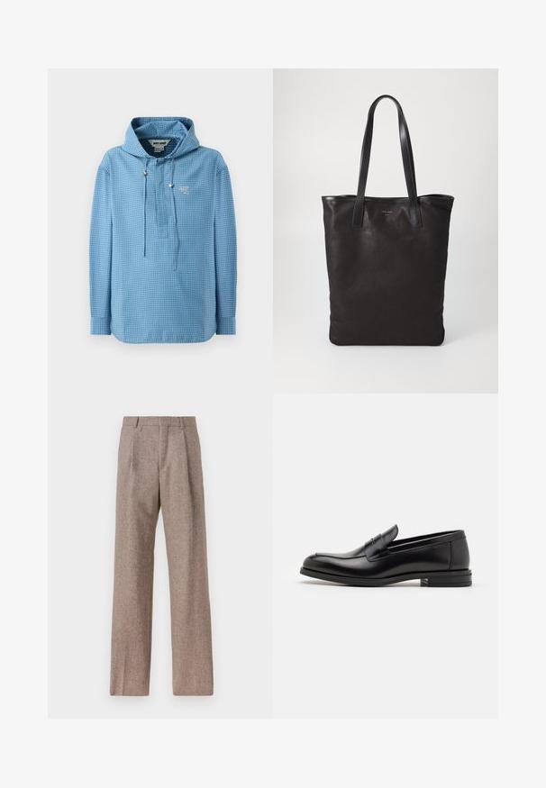Světle modrá mikina s kapucí s kostkovaným vzorem, obsahující stahovací šňůrku, dlouhé rukávy a malé logo na hrudi.; Hnědé kalhoty s vysokým pasem vyrobené z texturované látky. Mají široké nohavice a dva přední sklady pro strukturu. Úhledné provedení bez viditelné kovových částí.; Černé kožené polobotky s hladkou texturou, zaoblenou špičkou a zdobným páskem přes nárt. Nízký stohovaný podpatek, minimalistický design.; Černá plátěná taška s černými koženými uchy. Jednoduchý design, prostorné tělo a hladký povrch. Žádné viditelné loga ani vzory.