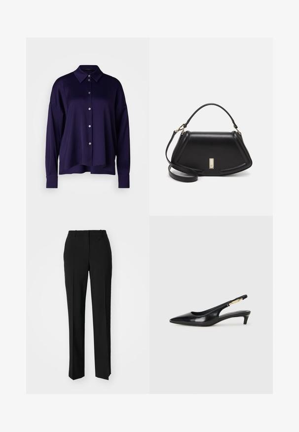 DRYKORN CLOELIA - Camicia - purple; Pantaloni neri su misura con un design a gamba dritta, caratterizzati da una texture liscia e pieghe ben definite sul davanti. Senza hardware visibile.; Tacchi slingback in pelle nera con punta affusolata, caratterizzati da un tacco alto e un accento dorato sulla cinghia regolabile. Texture liscia.; Borsa a mano in pelle nera con un design strutturato, caratterizzata da una forma corta, manico superiore e accessori in metallo dorato. Inclusa tracolla regolabile.
