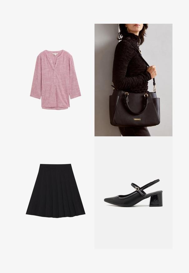 Rot-weiße karierte Tunika mit V-Ausschnitt, 3/4-Ärmeln und lockerer Passform. Hergestellt aus leichtem Stoff mit einer subtilen Textur.; Schwarzer, plissierter Rock aus strukturiertem Stoff mit einem taillierten Bund. Fällt knielang und hat eine glatte, klare Silhouette.; Schwarze Lackleder-Slingback-Absätze mit spitzer Zehenform, einem runden Ausschnitt-Design und einem Blockabsatz. Mit einem goldfarbenen Schnallenakzent.; Schwarze Handtasche mit strukturierten Oberflächen, doppelten Obergriffen und verstellbarem Schultergurt. Mit goldfarbener Hardware und Seitentaschen.