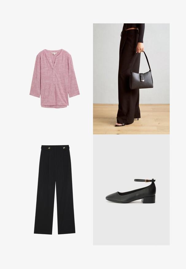 Rood-wit geruit tuniek met een V-hals, 3/4 mouwen en een losse pasvorm. Gemaakt van lichte stof, met een subtiele textuur.; Zwarte wijde broek met hoge taille, knoopdetails op de tailleband en plooien aan de voorkant.; Zwarte leren pump met een spitse neus en een lage blokhak. Beschikt over een enkelband met een goudkleurige gespsluiting. Gladde textuur.; Zwarte handtas met gestructureerde vorm, gladde textuur en een metalen sluiting. Gecombineerd met brede zwarte broeken en sandalen met open teen op een houten vloer.