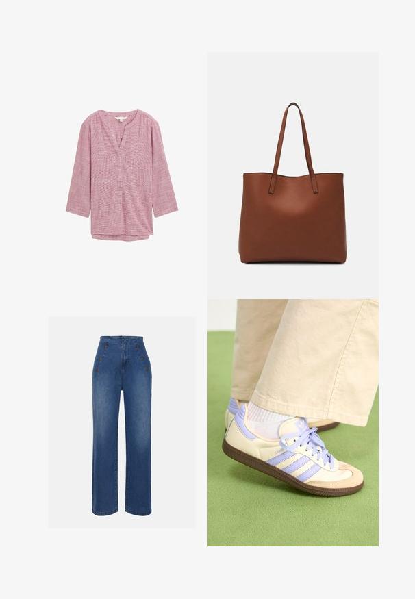 Rot-weiße karierte Tunika mit V-Ausschnitt, 3/4-Ärmeln und lockerer Passform. Hergestellt aus leichtem Stoff mit einer subtilen Textur.; Hochgeschnittene Jeans aus Denim in mittlerem Blau. Besitzt auffällige Knopfdetails vorne und einen weit geschnittenen Stil. Der Stoff hat eine glatte Textur mit leichten Ausbleichungen.; Cremefarbene und lavendelfarbene Sneakers mit drei Streifen und einer strukturierten braunen Sohle, ausgestattet mit Schnürsenkeln und einer gepolsterten Ferse. Obermaterial aus weichem Stoff.; Braune Leder-Tote mit glatter Textur, offenem Oberteil und zwei Schulterriemen. Verfügt über minimale Nähte und keine sichtbaren Beschläge.