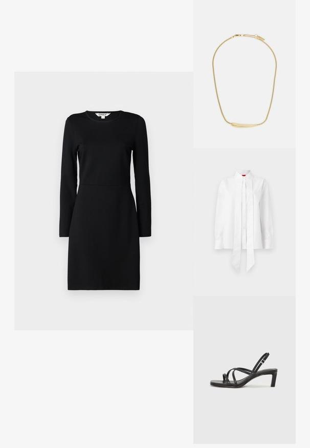 Weißes Hemd aus Baumwollmischung mit steigendem Kragen, gefältelter Vorderseite, langen Ärmeln und einem gebundenen Detail am Saum. Glatte Textur.; Schwarzes langärmliges Kleid mit Rundhalsausschnitt. Figurbetonte Silhouette mit einer Nahtdetails in der Taille. Weicher Stoff, glatte Textur. Keine Muster oder Verzierungen.; Schwarze Sandale mit Riemchen, quadratischer Zehenform und niedrigem Blockabsatz. Verfügt über mehrere dünne Riemen und einen verstellbaren Knöchelriemen. Hergestellt aus glattem Leder.; Schwarze Leder-Crossbody-Tasche mit glatter Textur, rechteckiger Form und metallic-kettendetail auf der Vorderseite. Verstellbarer Gurt inklusive.; Goldbeschichtete Halskette mit einem glatten, geschwungenen zentralen Akzent. Verfügt über eine flexible Kette mit einem Karabinerhaken und zusätzlichen verstellbaren Kettengliedern.