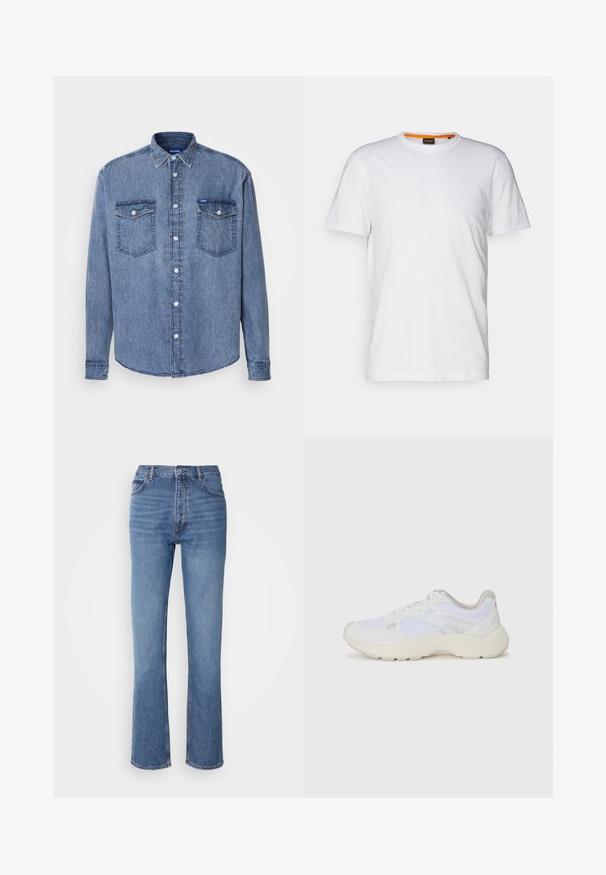 Denim srajca v svetlo modri barvi z zaponko spredaj, dvema žepoma na prsih in klasičnim ovratnikom. Ima šivane detajle in oznako z logotipom.; Bela bombažna majica s kratkimi rokavi in okroglim izrezom, z diskretnim reliefnim logotipom na prsih. Notranja oznaka ima oranžni akcent.; Modre kavbojke z visokim pasom, ravno krojenjem in rahlim bledenjem. Imajo klasičen pet-pocket stil in zapiranje na zadrgo.; Bela športna obuvala iz mrežastega in semiš materiala, z teksturiranim podplatom, teksturiranimi dodatki in logotipom "HUGO" na strani.