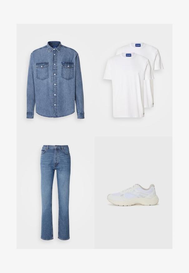 Lys blå denimskjorte med knapplukking foran, to brystlommer og klassisk krage. Har stikningdetaljer og en logomerke.; Hvite bomull T-skjorter med rund hals og korte ermer, merket med blå "HUGO"-lapper på halsen og små detaljer på kanten.; Blå denimjeans med høy midje, rett ben-design og subtil falming. Har klassisk fem-lomme stil og glidelås lukking.; Hvit idrettssko laget av mesh og skinn, med en teksturert mellomsåle, teksturerte detaljer og "HUGO"-logo på siden.