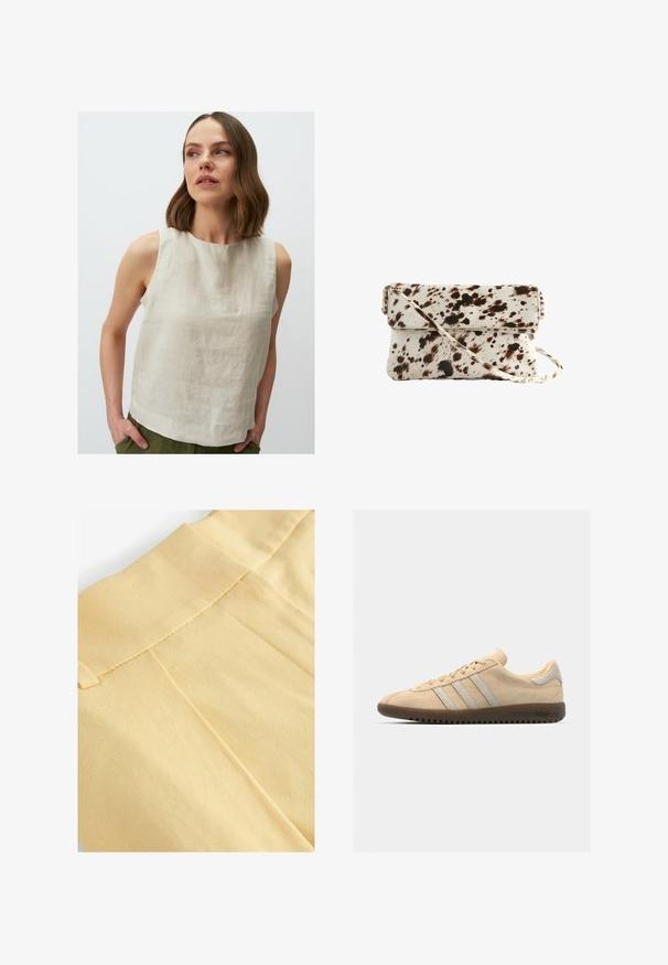 Jimmy Key ROUND NECK SLEEVELESS - Blouse - taş; Close-up van gele stof met een gladde textuur, voorzien van een gestikte tailleband en subtiele plooien.; Beige suède sneaker met drie zilveren strepen, platte bruine rubberen zool, ronde neus en minimalistisch ontwerp.; Cowhide handtas met een roomkleurige basis en donkere bruine vlekken, rechthoekige vorm, vouwklep en een afneembare schouderband.