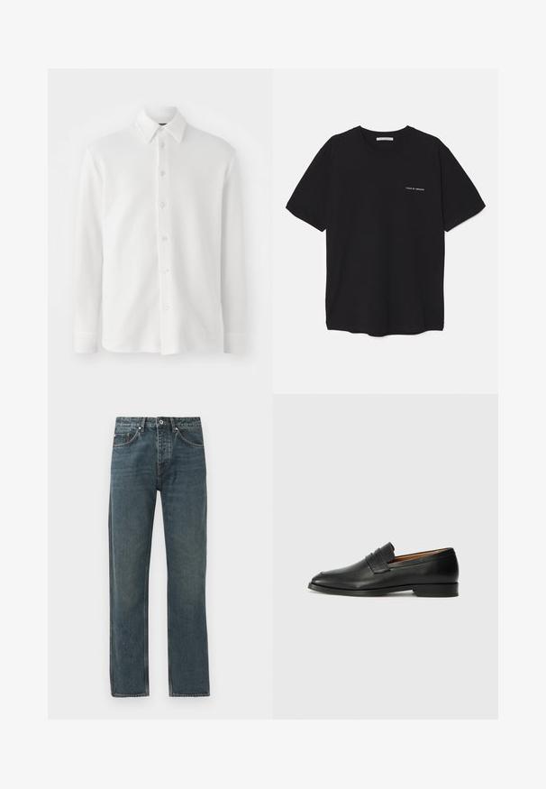 Fehér gombos ing, texturált anyagból készült. Klasszikus gallérral, hosszú ujjakkal és hatszoros elülső gombzárral rendelkezik. Puha, könnyű kialakítás.; Fekete pamut T-shirt kerek nyakkivágással, rövid ujjakkal, és fehér logónyomattal a bal mellrészen. Egyszerű, egyszínű dizájn.; Sötétkék farmernadrág egyenes lábbal, öt zsebbel, gombos záródással és kontrasztos varrási részletekkel.; Fekete bőr mokaszin, kerek orral, diszkrét varrásokkal és alacsony sarokkal, sima felülettel és minimalista dizájnnal.