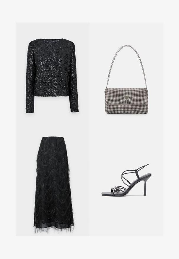Čierny top s dlhými rukávmi pokrytý malými flitrami, s okrúhlym výstrihom a voľným strihom, s hladkou štruktúrou a lesklým povrchom.; Čierna midi sukňa s vrstvami frania a vlnkovými vzormi. Vyrobená z priesvitného materiálu so trblietavými akcentmi pozdĺž okrajov.; Čierne sandále na vysokom podpätku majú tenké remienky s uzlovým dizajnom, hladký štvorcový špičku a elegantný stiletto podpätok.; Svetlošedá metalická kabelka s reťazovým popruhom, ozdobená malými kruhovými kovovými štítkami a trojuholníkovým logom značky.