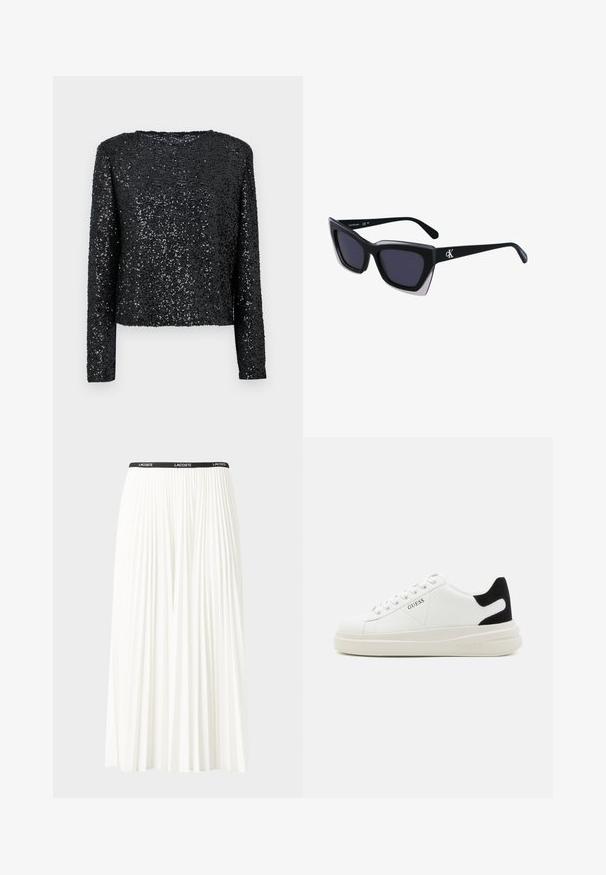 Schwarzes Langarmoberteil, das mit kleinen Pailletten bedeckt ist, mit einem runden Ausschnitt und einer lockeren Passform, mit einer glatten Textur und glitzernder Oberfläche.; Faltenrock aus Weiß mit einem schwarzen elastischen Bund, der das "LACOSTE"-Logo trägt. Mittellanges Design mit weicher Textur.; Weiße Leder-Sneaker mit einer dicken weißen Sohle, schwarzem Wildlederakzent an der Ferse und geprägtem Logo an der Seite. Schnürdesign mit sechs Ösen.; Schwarze übergroße Sonnenbrille mit geometrischer Form, ausgestattet mit dunklen Gläsern und einem kontrastierenden grauen Detail im Rahmen. Logo am Bügel.