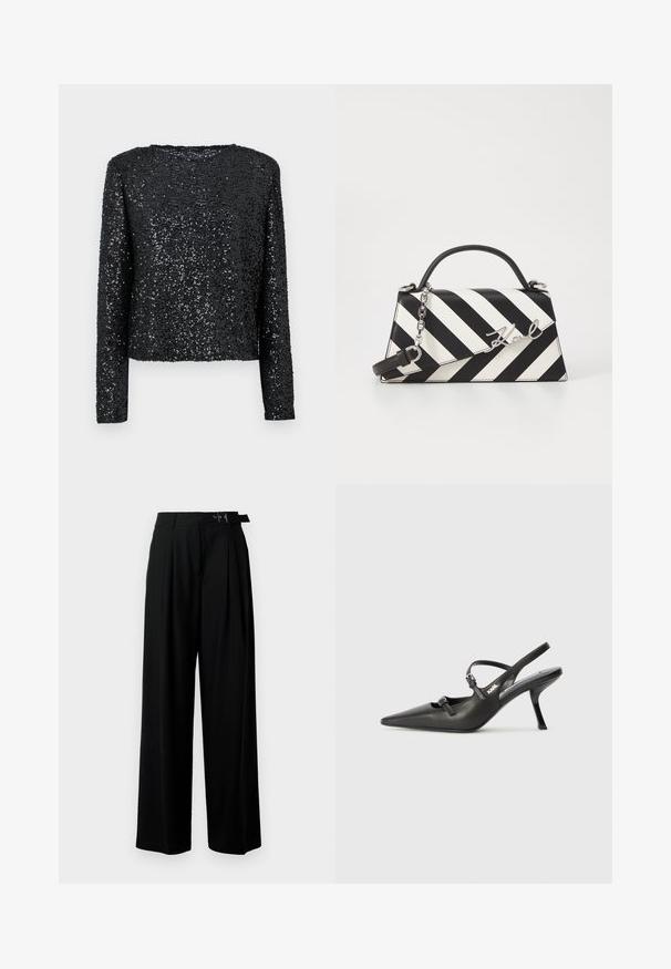 Svart langermet topp dekket med små paljetter, med rund hals og en avslappet passform, med en glatt tekstur og glitrende overflate.; Svarte vide bukser med høy livlinje, folder foran og belte med spenne. Laget av glatt, lett materiale.; Sorte skinn slingback-hæler med spiss tå, slank hæl og dekorativ spenne detalj på vampsiden. Glatt tekstur og stilrent design.; Svart- og hvitstripet håndveske med en strukturert form, som har et topphåndtak, en avtakbar kjedestropp, og metallisk logo-akcent.