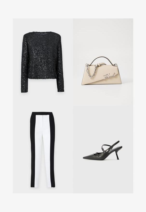 Sort langærmet top dækket af små pailletter, med rund halsudskæring og en afslappet pasform, der har en glat tekstur og en funklende overflade.;  Sorte og hvide tapered bukser med en slim fit og kontrasterende paneler. Stoffet har en glat tekstur; taljebåndet er fladt og tætsiddende.; Sorte læder slingback hæle med spids tå, slank hæl og dekorativ spænde detalje på vampen. Glat tekstur og strømlinet design.; Beige læderhåndtaske med en struktureret, trekantet form, der har et sølvfarvet kædehåndtag og et kursivlogo i metal.
