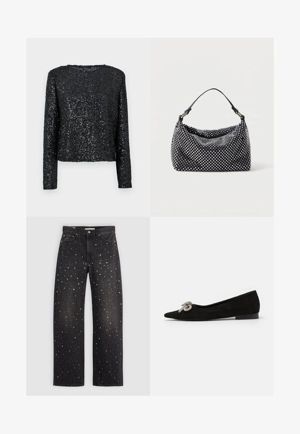 Top negro de manga larga cubierto de pequeñas lentejuelas, con un escote redondo y un corte relajado, de textura suave y superficie brillante.; Vaqueros de mezclilla negra con un ajuste holgado, decorados con puntos dispersos de color plata, oro y blanco. Diseñados con bolsillos clásicos y herrajes de metal.; Zapato plano de ante negro con punta afilada, adornado con un detalle decorativo de lazo plateado en la parte delantera, que cuenta con un tacón bajo.; Bolso negro y plateado con una superficie tejida y texturizada que presenta patrones cuadrados, un asa superior única y un diseño holgado.