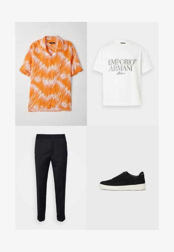 Short-sleeve shirt in orange and white, featuring a zigzag pattern, collared design, and button front closure. Lightweight, textured fabric.; White cotton t-shirt featuring a large grey "Emporio Armani Milano" logo on the front and a small logo on the upper left side.; Black trousers made of lightweight fabric, featuring an elastic waistband, side pockets, and rolled cuffs. Smooth texture with front pleats.; Black suede sneaker with lace-up design and contrasting white rubber sole. Features textured side panels and subtle branding on the heel.