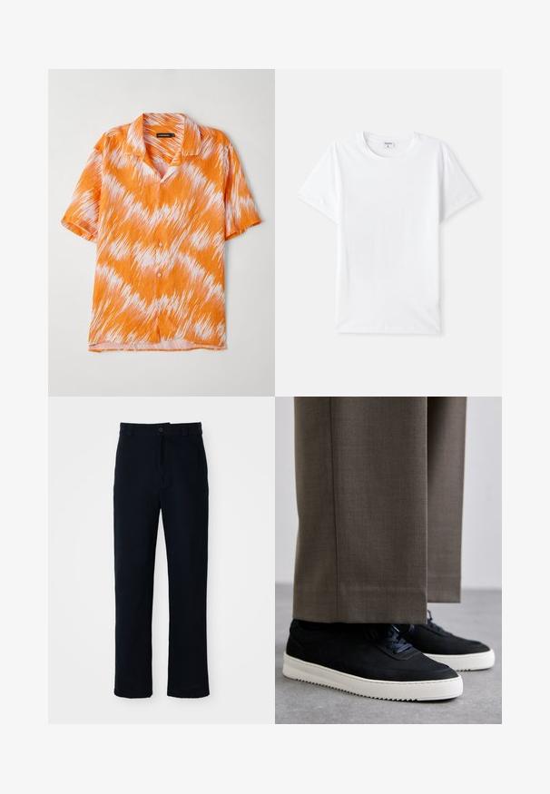 Košulja kratkih rukava u narančastoj i bijeloj boji, s zigzag uzorkom, ovratnikom i prednjim zatvaranjem na gumbiće. Lagana, teksturirana tkanina.; Bjela pamučna majica, okrugli izrez, kratki rukavi, glatka tekstura, bez uzoraka ili akcenta, jednostavan dizajn, standardni kroj.; Mornarsko plave hlače od pamuka, s ravnim krojem, prednjim kopčanjem na gumb i klasičnim pojasom s petljama za remen.; Crne nubuk tenisice s bijelim gumenim potplatima, s zaobljenim vrhom i vezicama, uparene s sivim krojenim hlačama.